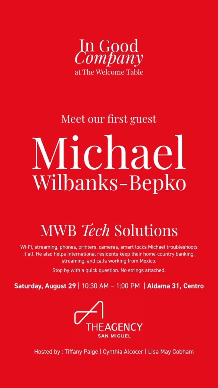 Event graphic for the In Good Company meet-and-greet with Michael Wilbanks-Bepko, Saturday August 29 at The Welcome Table