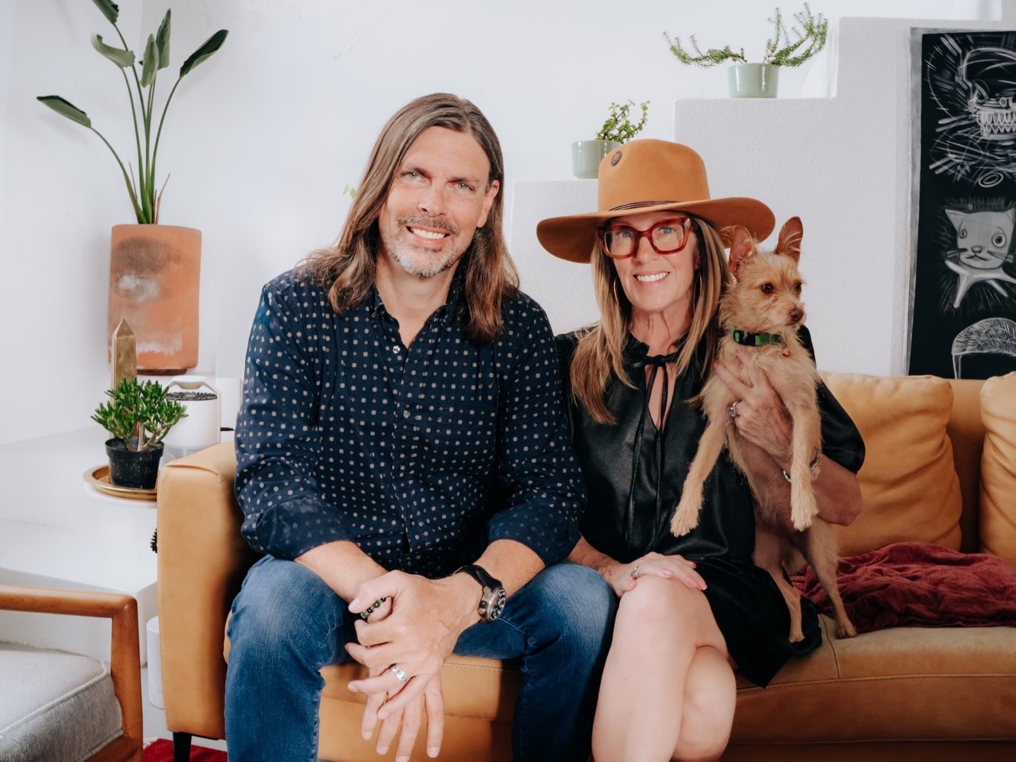 Tiffany Paige and Mike Biersma with their dog at home in San Miguel de Allende
