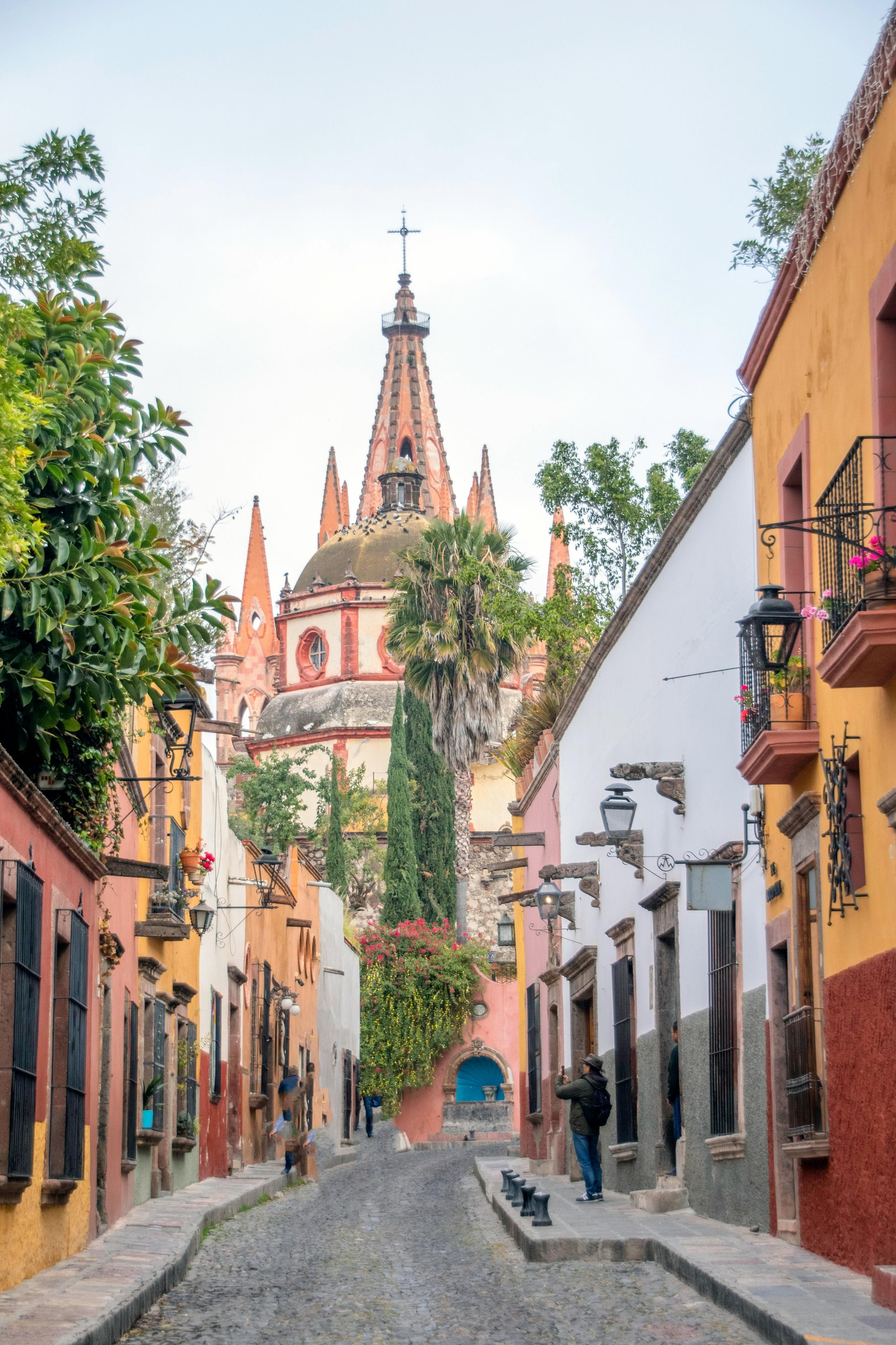 Cobblestone street leading to La Parroquia, San Miguel de Allende