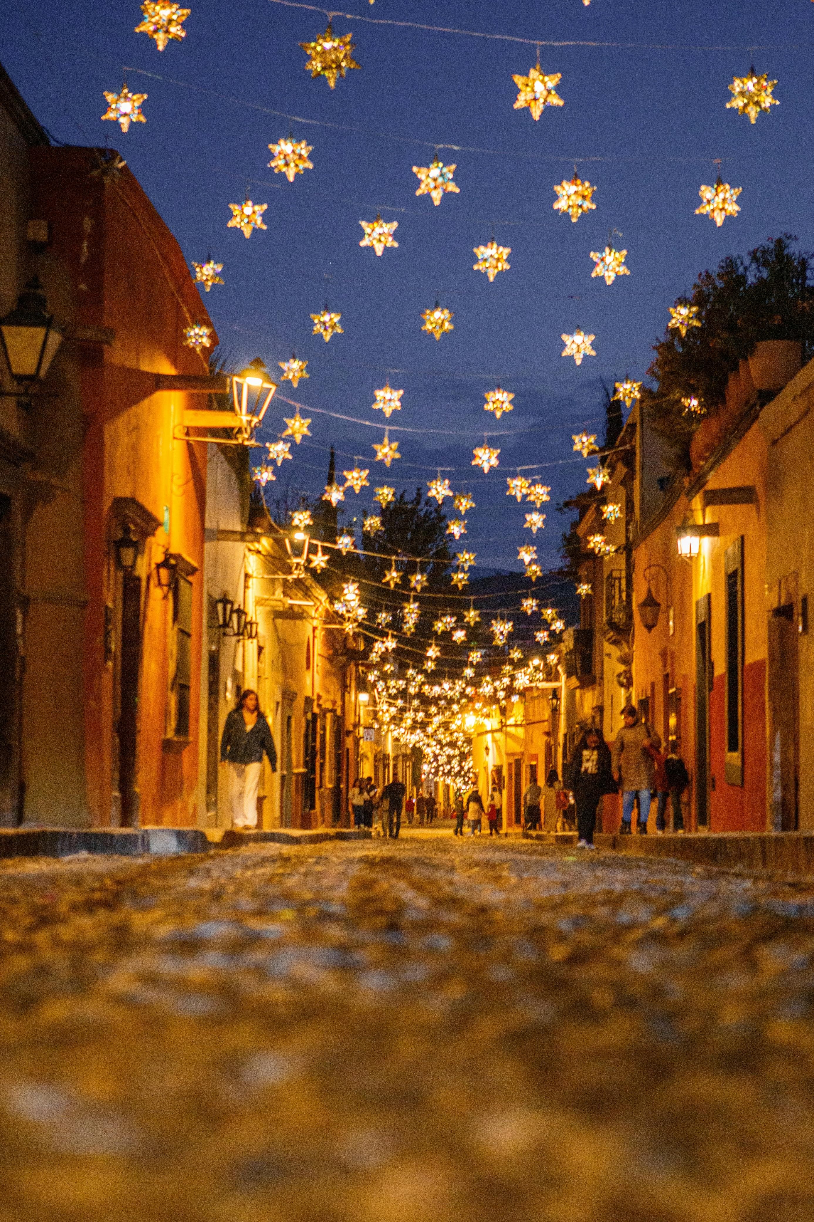 San Miguel de Allende street at night with star lights