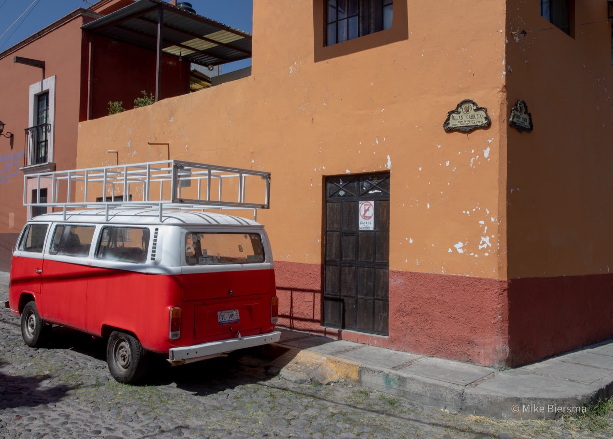 A vintage VW Combi van parked in Colonia Guadalupe, San Miguel de Allende