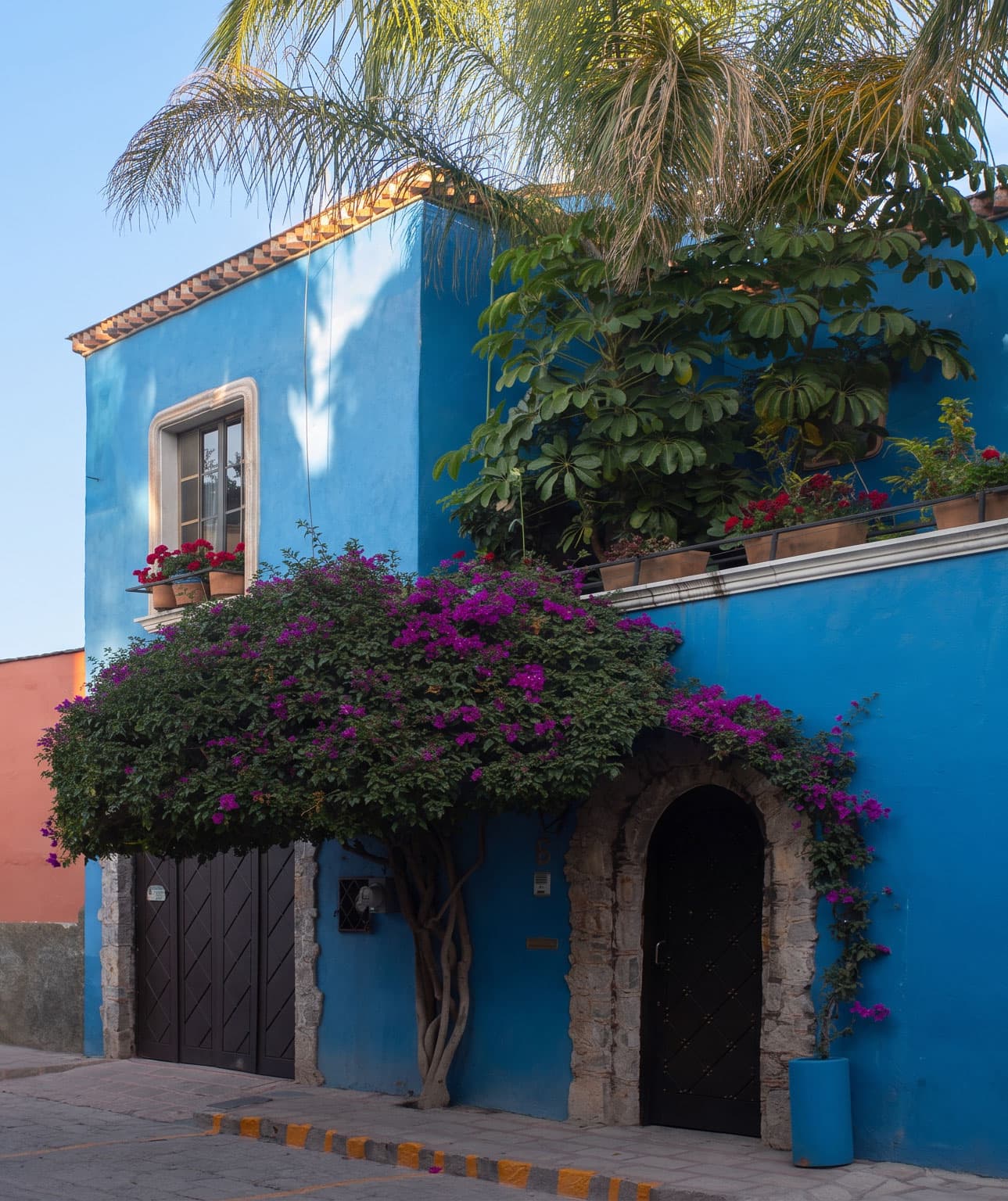A blue colonial home with bougainvillea over an arched wooden door in Guadiana, San Miguel de Allende