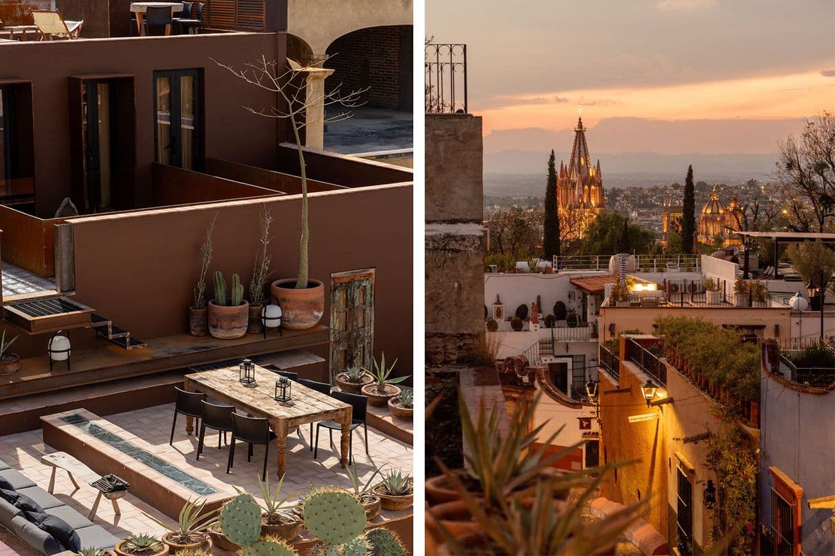 Casa Bomboti — Centro, San Miguel de Allende — photo 24 — left image: sunlit courtyard with earthy elegance.
right image: golden hour views, iconic architecture