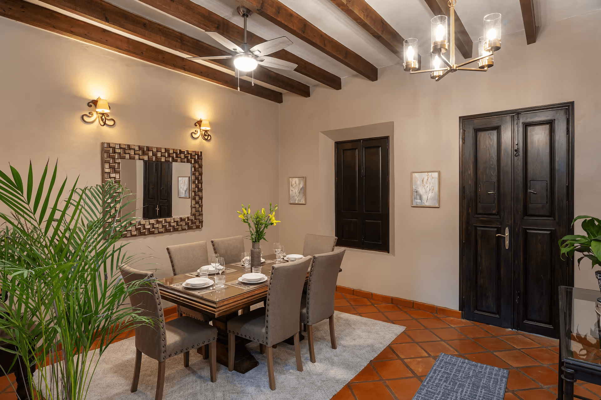 Casa Mimosa — San Antonio, San Miguel de Allende — photo 7 — elegant dining room, rustic beams, refined sophistication