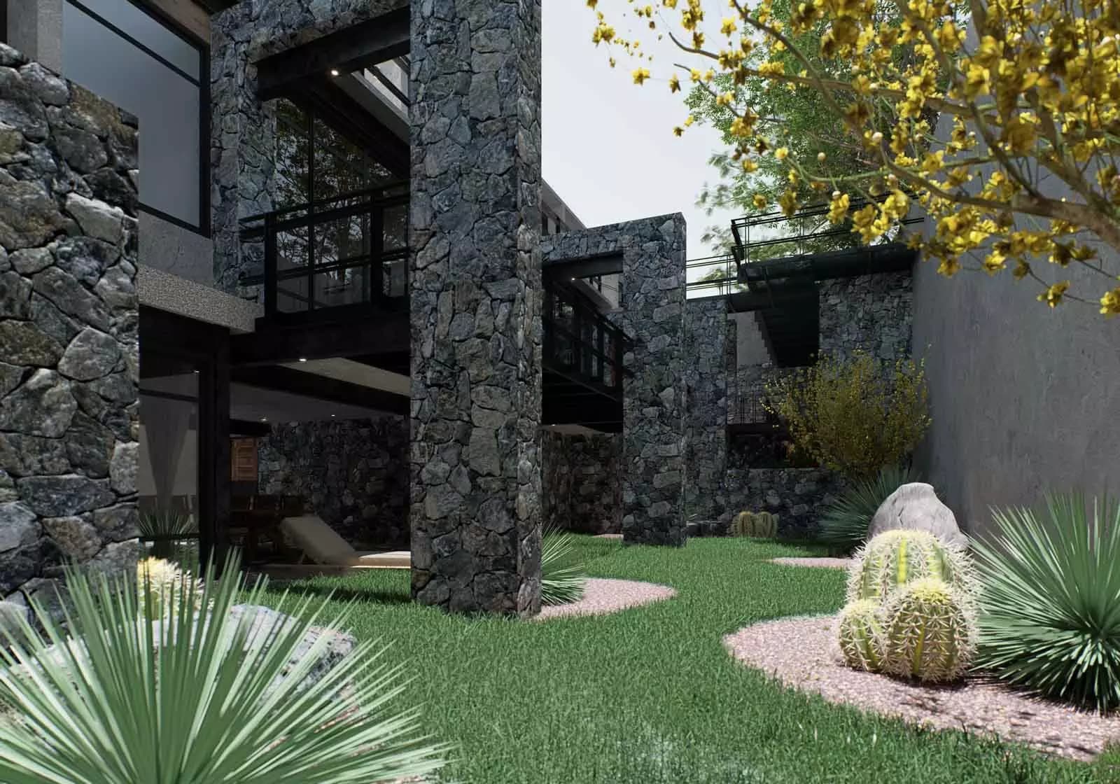 Casa del Arbol — Villa de los Frailes, San Miguel de Allende — photo 18 — contemporary stone courtyard, lush tropical garden