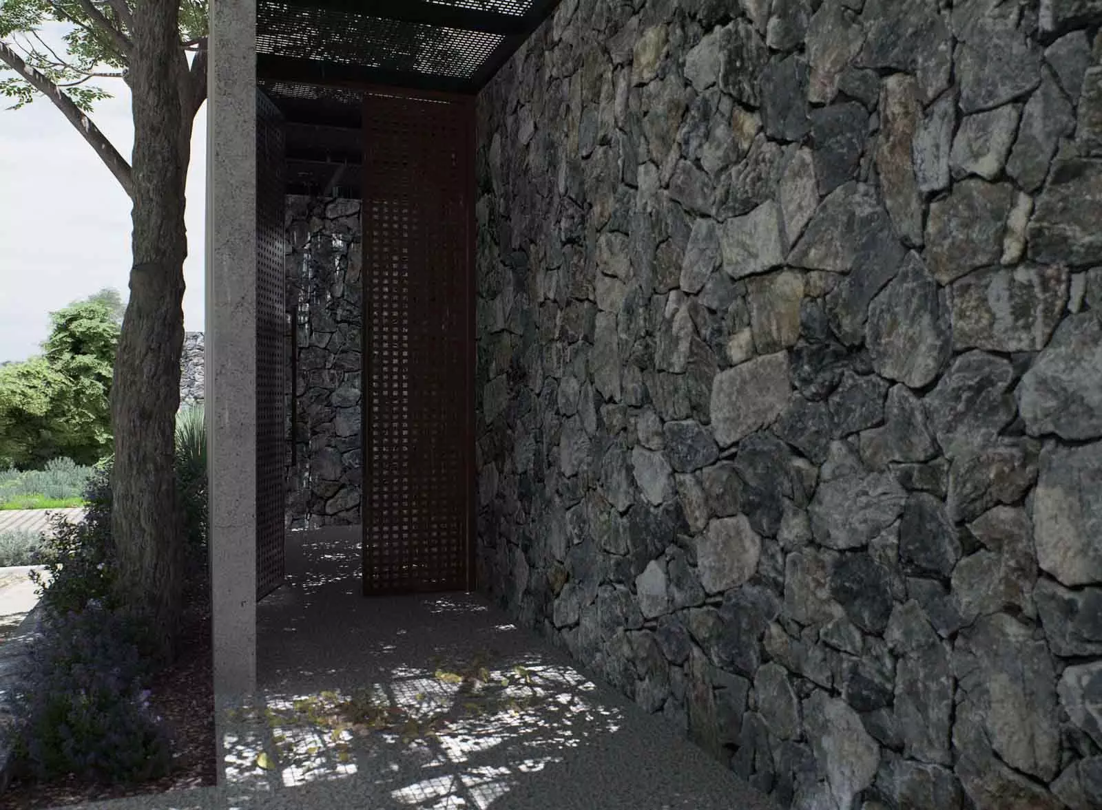 Casa del Arbol — Villa de los Frailes, San Miguel de Allende — photo 19 — rustic stone passage, dappled sunlight charm