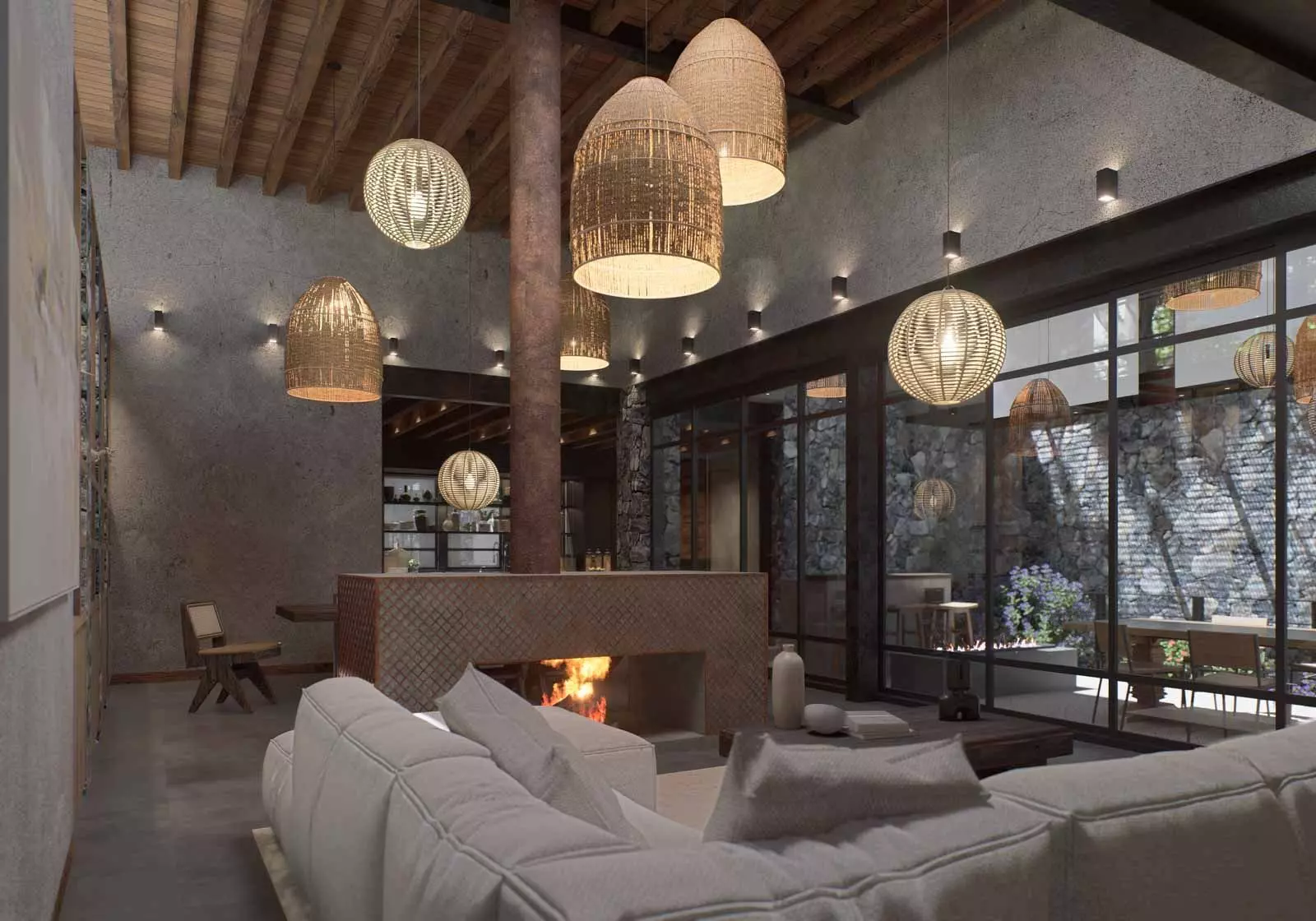 Casa del Arbol — Villa de los Frailes, San Miguel de Allende — photo 9 — contemporary luxury living with ambient fireplace warmth