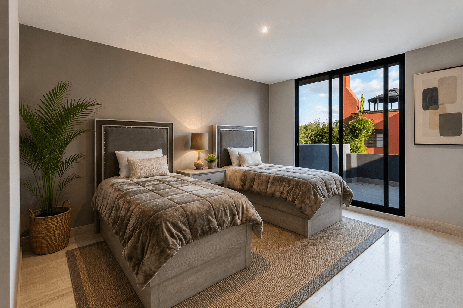 Casa Fairway 7 — Club de Golf Ventanas, San Miguel de Allende — photo 19 — sophisticated dual bedroom with terrace views