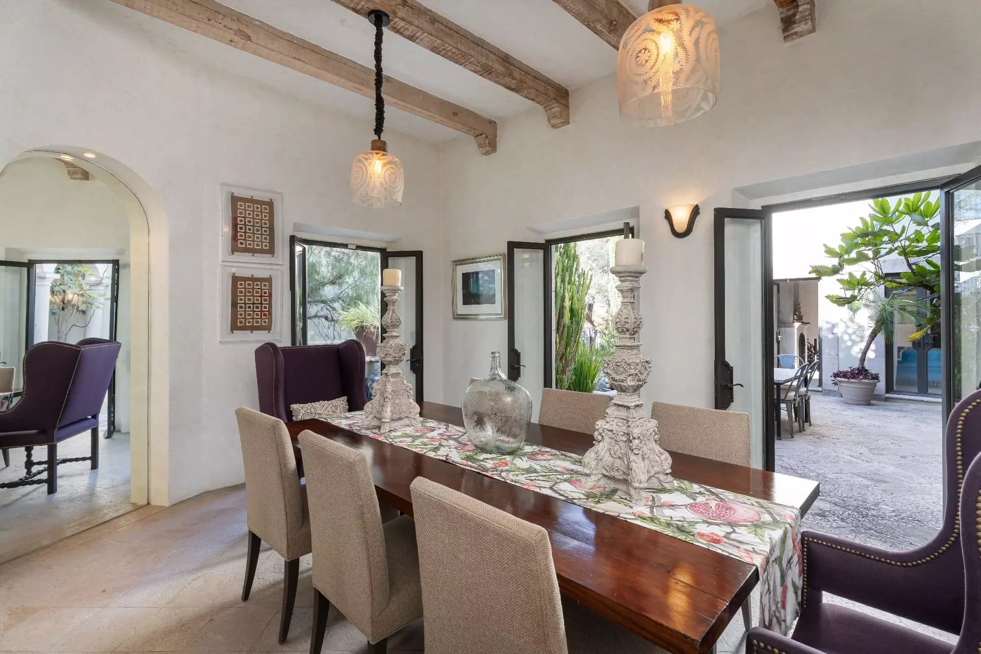 Casa Dos Casas — Guadiana, San Miguel de Allende — photo 8 — elegant dining room, rustic beams, garden views