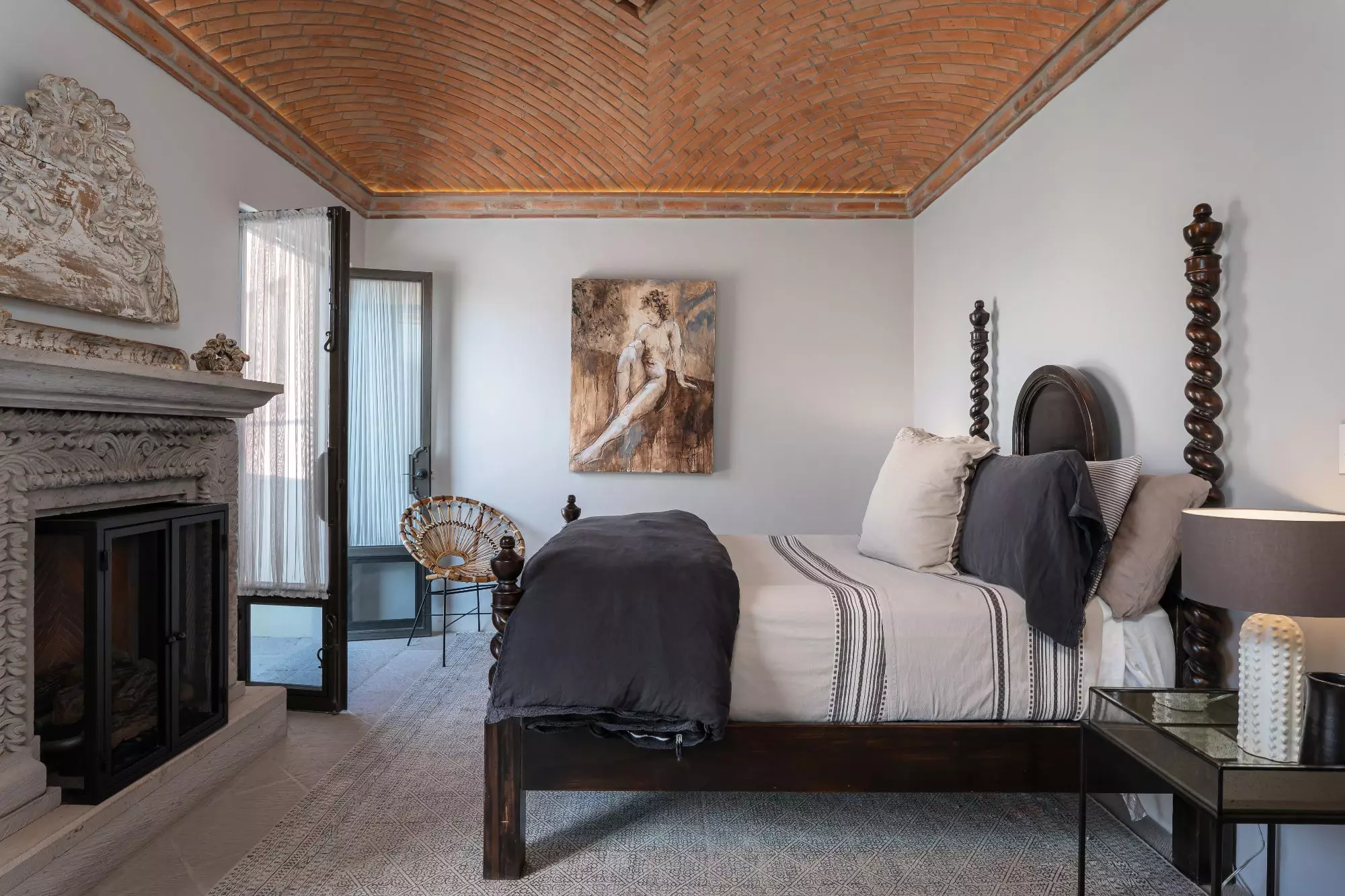 Casa Dos Casas — Guadiana, San Miguel de Allende — photo 33 — elegant bedroom with herringbone ceiling