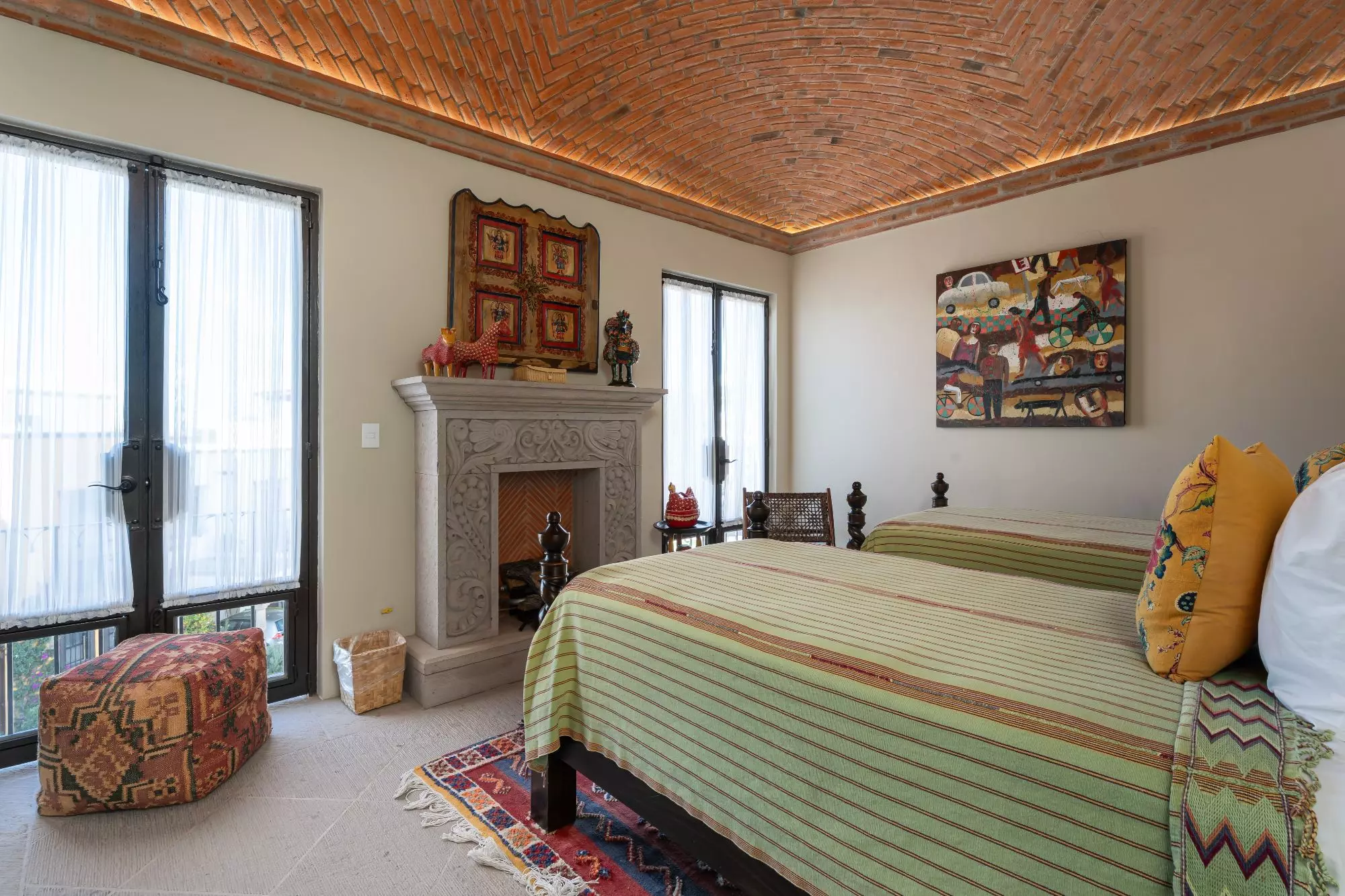 Casa Dos Casas — Guadiana, San Miguel de Allende — photo 40 — artisan bedroom with soaring brick ceiling