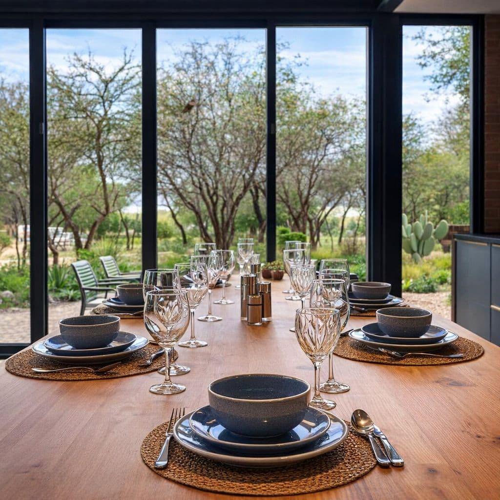 Modern Luxury Home with Casita & Pool in Los Senderos — Los Senderos, Valle de los, San Miguel de Allende — photo 4 — elegant dining with panoramic garden views