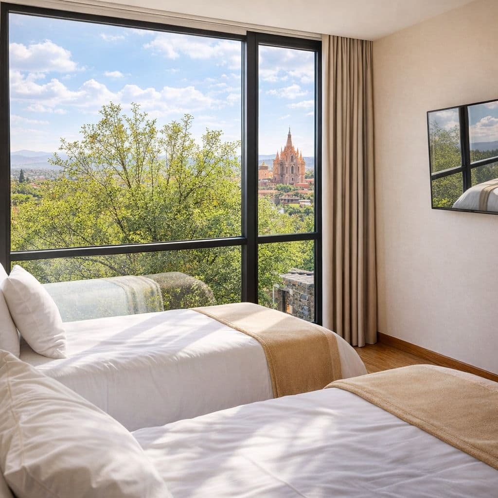 Modern Luxury Home with Casita & Pool in Los Senderos — Los Senderos, Valle de los, San Miguel de Allende — photo 23 — iconic views from luxurious bedroom sanctuary