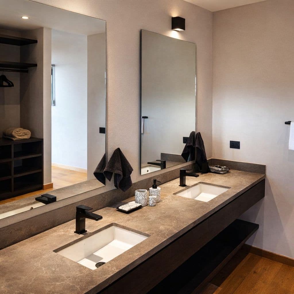 Modern Luxury Home with Casita & Pool in Los Senderos — Los Senderos, Valle de los, San Miguel de Allende — photo 18 — sophisticated dual-sink spa bathroom