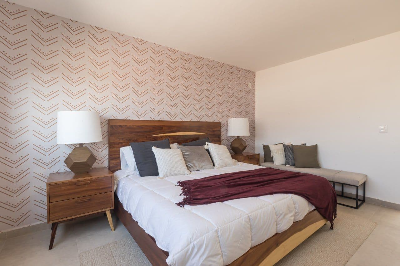 Oleo Van Gogh Roof Top 6 — Zirándaro, San Miguel de Allende — photo 4 — refined mid-century bedroom sanctuary