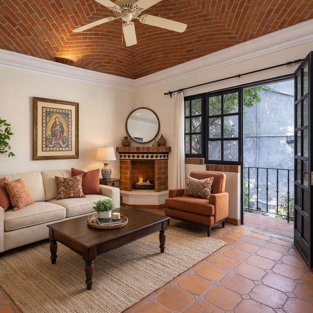 Casa Hidden Nook — San Antonio, San Miguel de Allende — photo 16 — rustic-elegant fireplace lounge with terracotta charm
