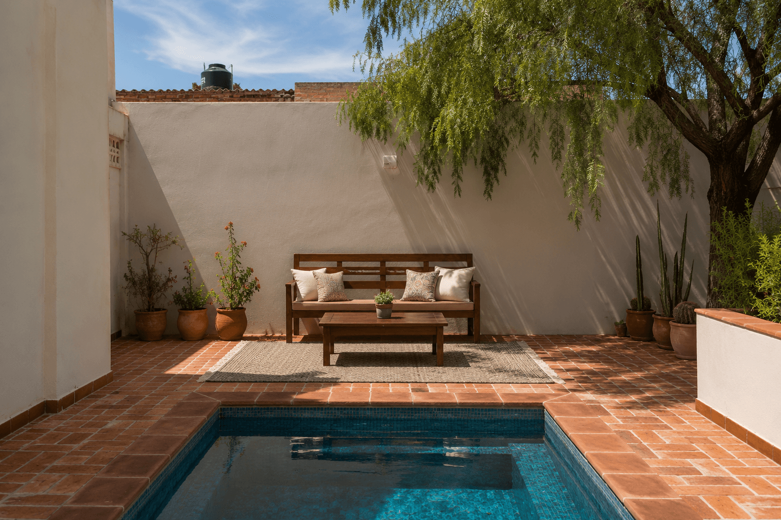 CASA BALCÓN A LA PARROQUIA — Lindavista, San Miguel de Allende — photo 5 — serene courtyard with sparkling pool oasis