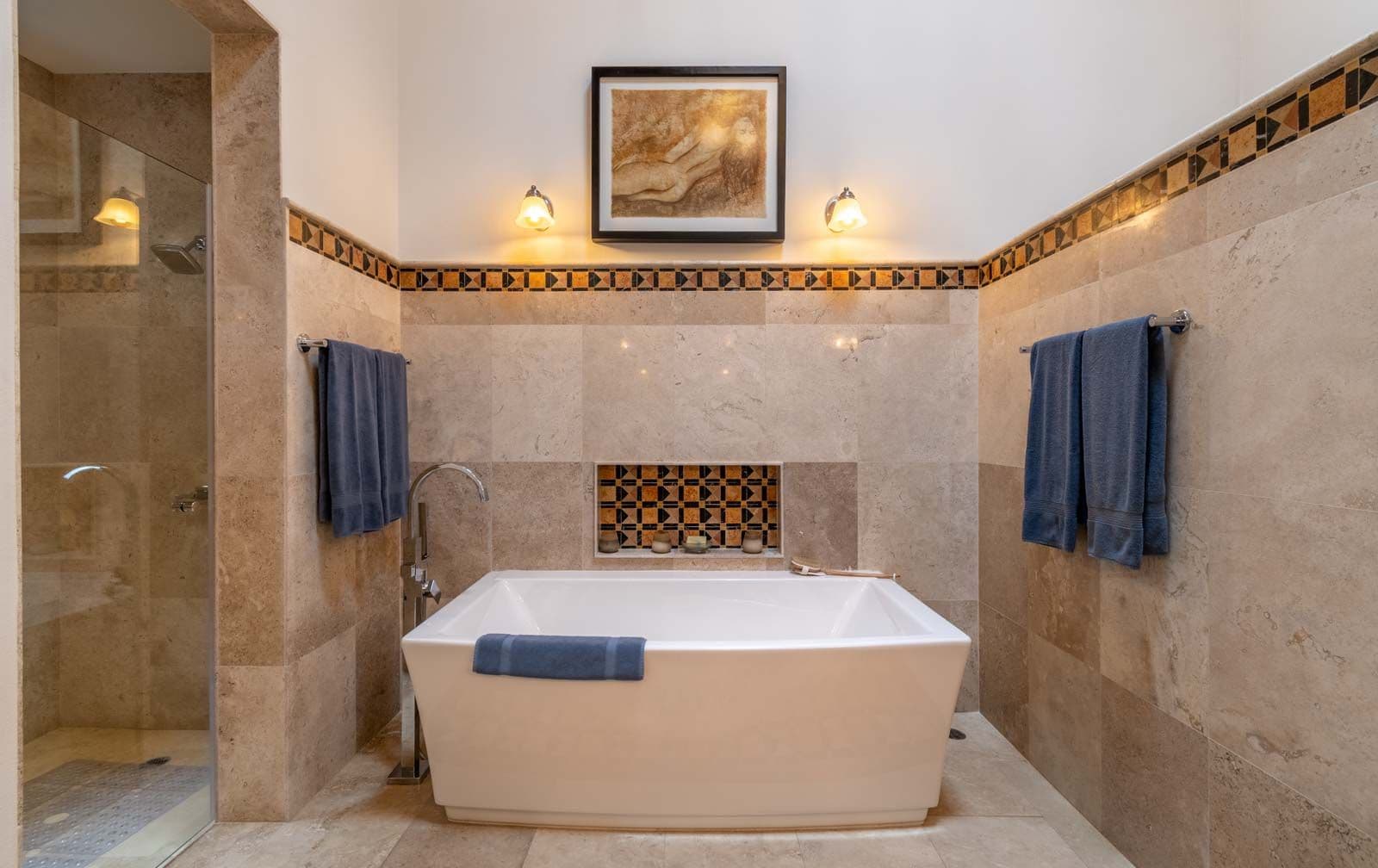 Casa Cosmati — Atascadero (Arcos de San Miguel), San Miguel de Allende — photo 18 — spa-inspired luxury ensuite with travertine elegance
