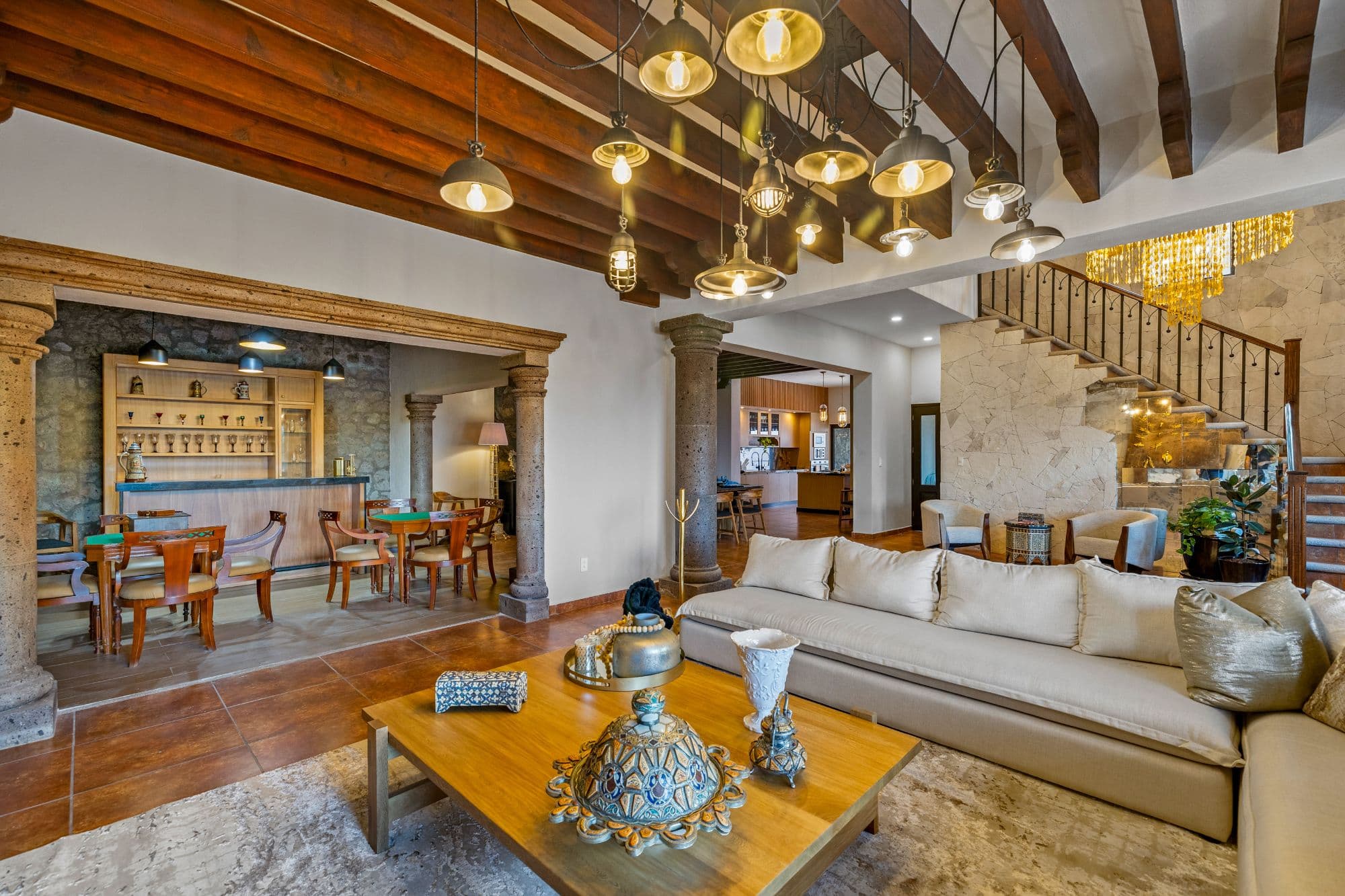 CASA MEZQUITE, SALIDA REAL A QUERÉTARO — Centro, San Miguel de Allende — photo 10 — soaring wood beams, curated elegance throughout