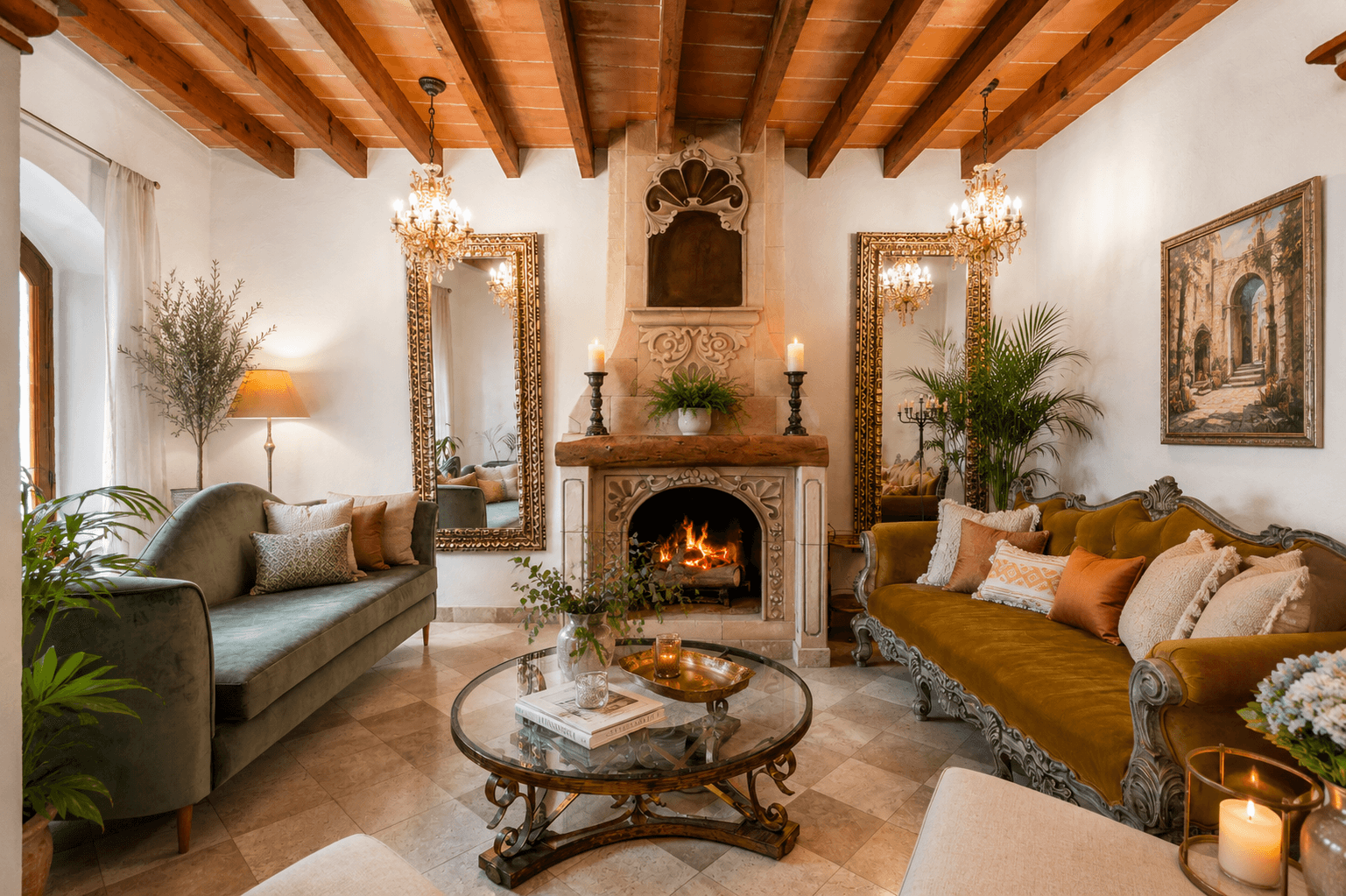 Casa Roka En El Obraje — El Obraje, San Miguel de Allende — photo 9 — elegant colonial living with roaring fireplace