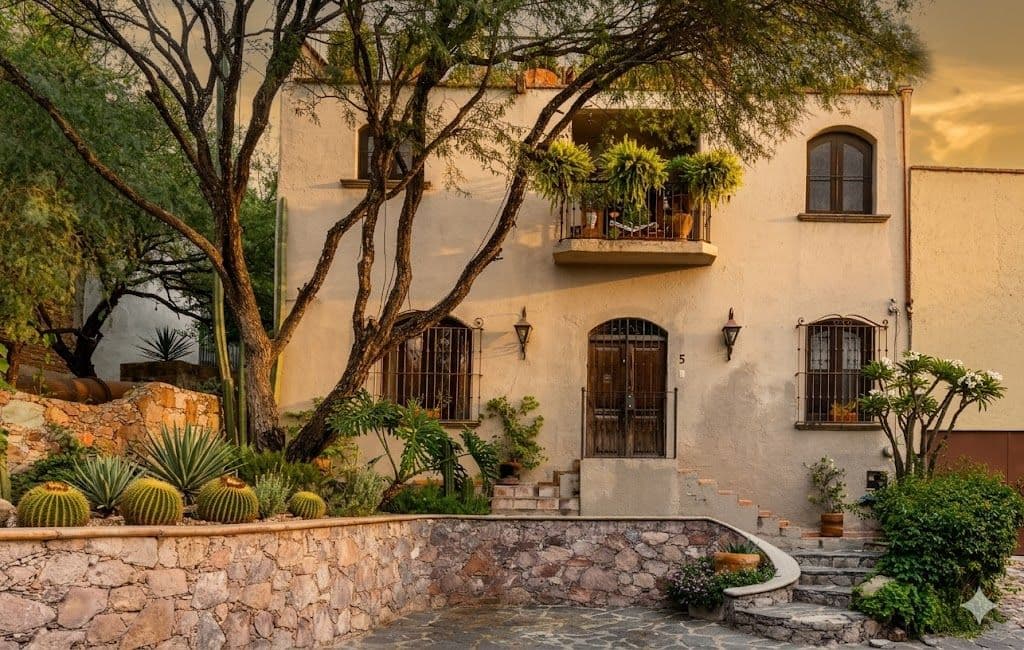 Casa Roka En El Obraje — El Obraje, San Miguel de Allende — photo 2 — charming colonial hacienda, golden light, mature gardens