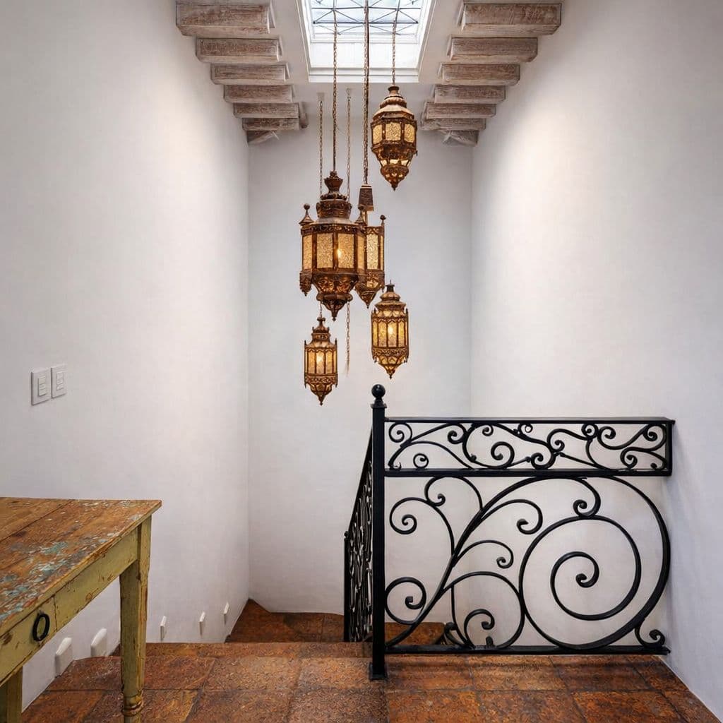 Breathtaking Casa Blanca — Guadiana, San Miguel de Allende — photo 48 — enchanting stairwell with moroccan lanterns