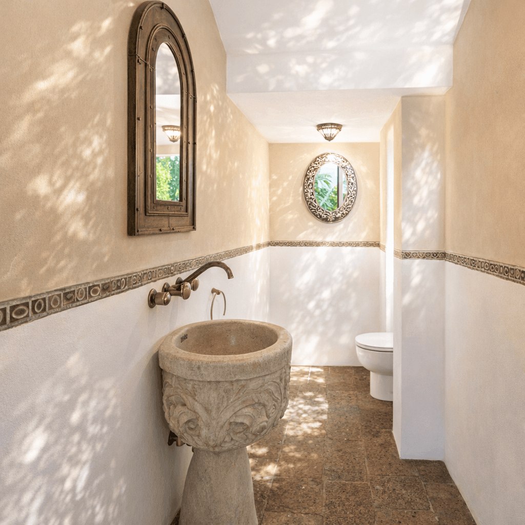 Breathtaking Casa Blanca — Guadiana, San Miguel de Allende — photo 15 — artisanal powder room, dappled sunlight