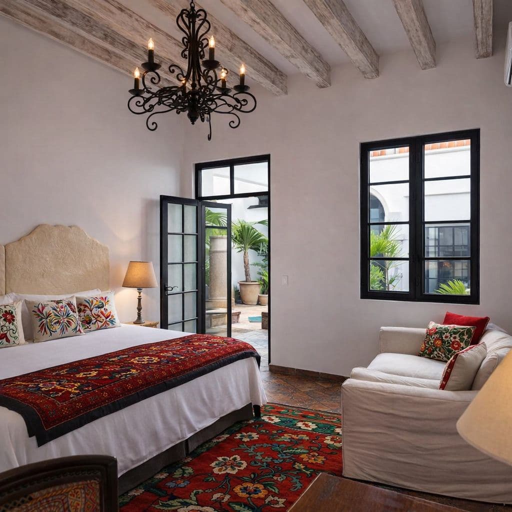 Breathtaking Casa Blanca — Guadiana, San Miguel de Allende — photo 35 — serene colonial bedroom, graceful architectural details