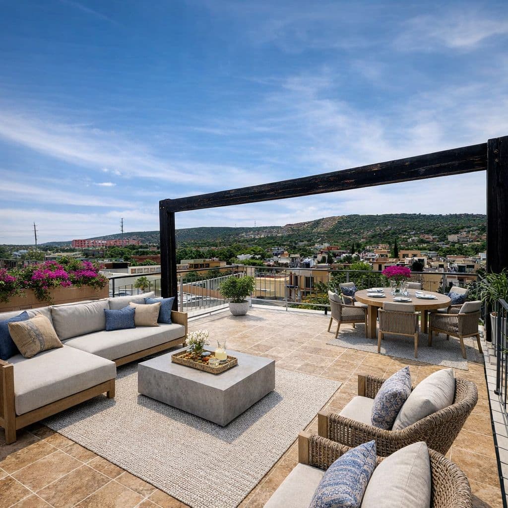 Condominio Info Allende — Aurora, San Miguel de Allende — photo 11 — panoramic hilltop terrace, sophisticated entertaining space