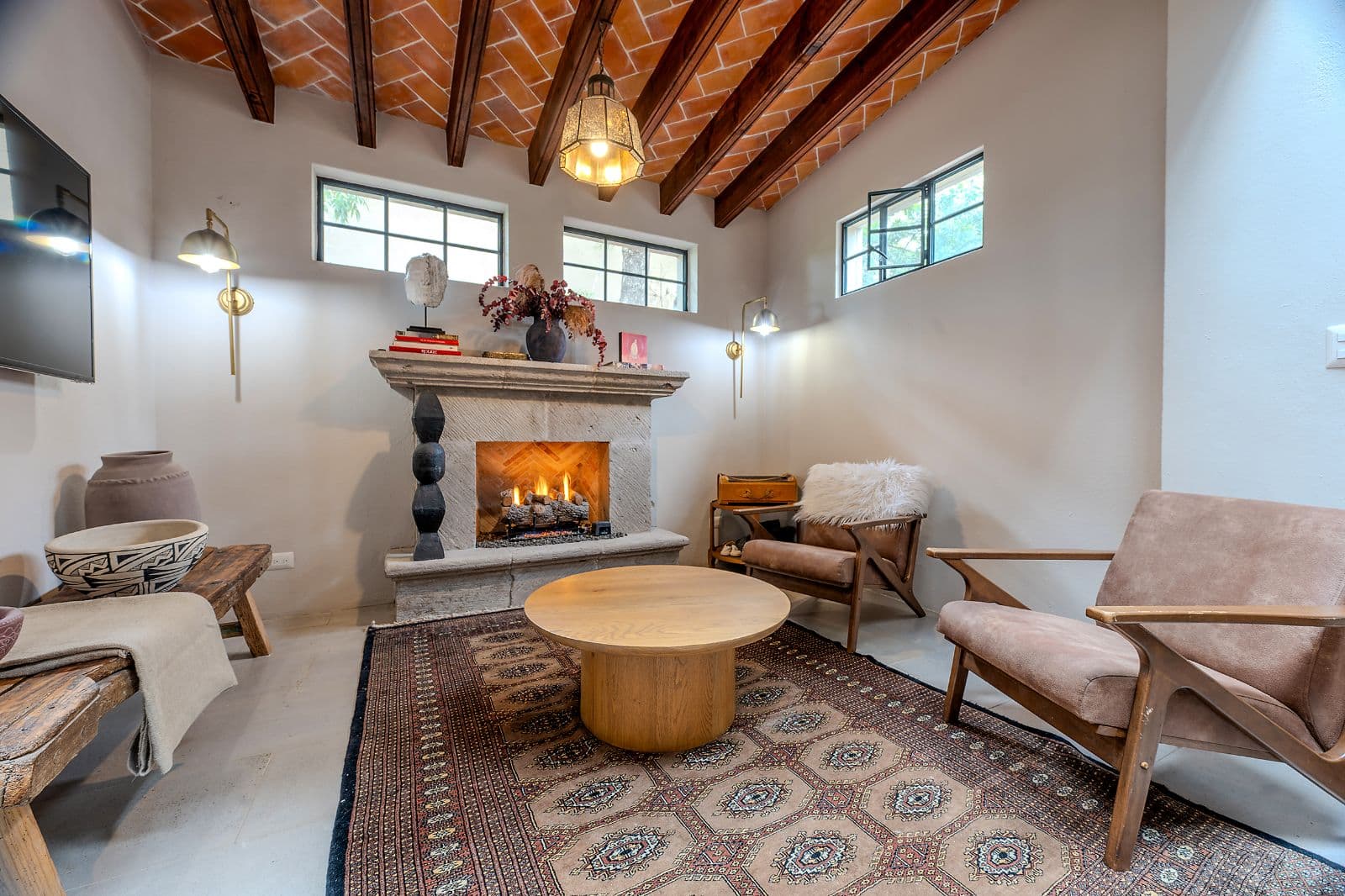 Casa Fia — Centro, San Miguel de Allende — photo 18 — sophisticated living room, soaring timber ceilings