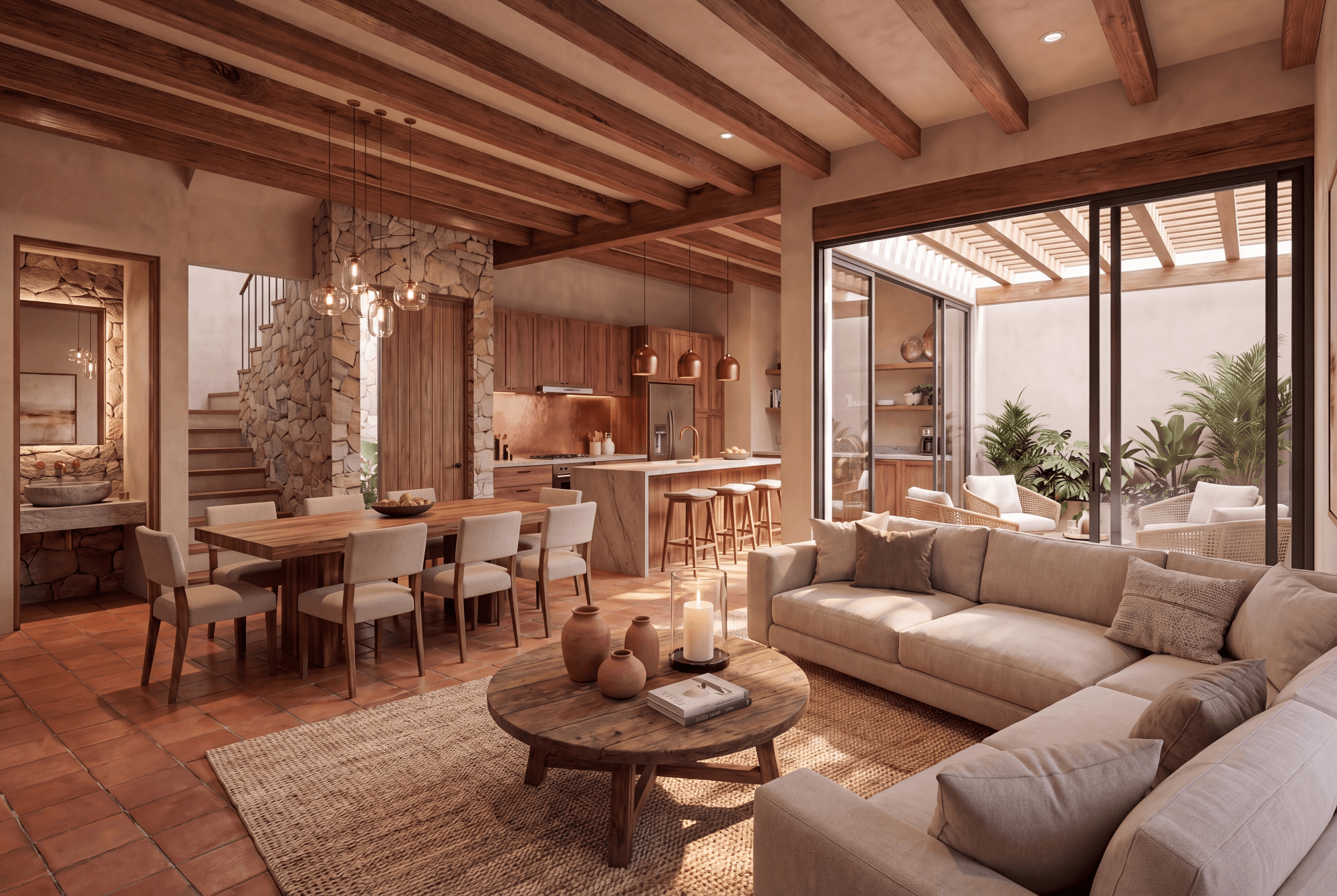 Cerrada Pedrería Casa 02 — San Miguel de Allende Centro, San Miguel de Allende — photo 14 — warm wood beams, seamless indoor-outdoor living