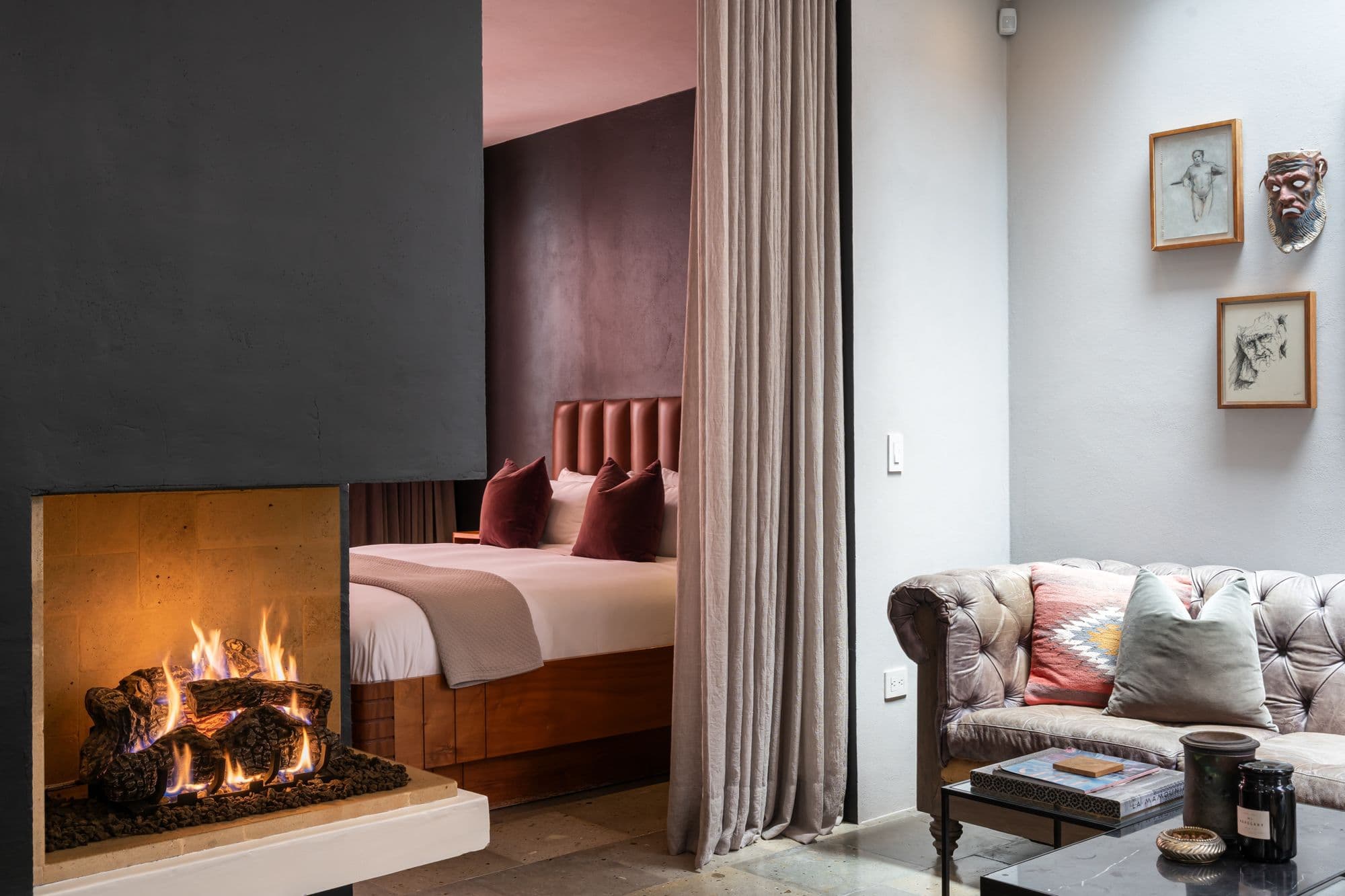 The Brooklane — Centro, San Miguel de Allende — photo 5 — sophisticated fireplace, luxurious bedroom sanctuary