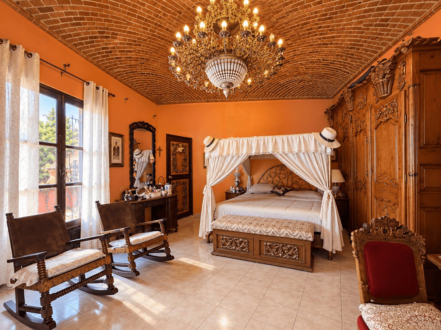CASA MARIA — Centro, San Miguel de Allende — photo 9 — sunlit colonial bedroom, ornate architectural elegance