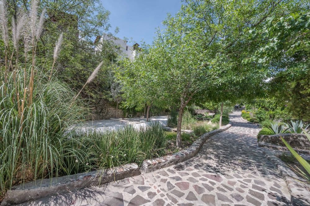 Casa Huerta La Antigua — Antigua Residencial, San Miguel de Allende — photo 26 — mature garden sanctuary with cobblestone pathways