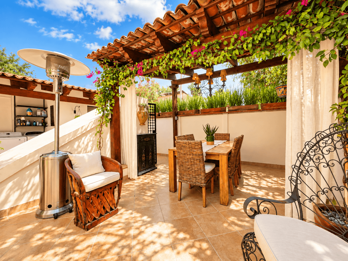 Casa Luna Blanca — San Antonio, San Miguel de Allende — photo 22 — enchanting rooftop terrace, bougainvillea-draped pergola