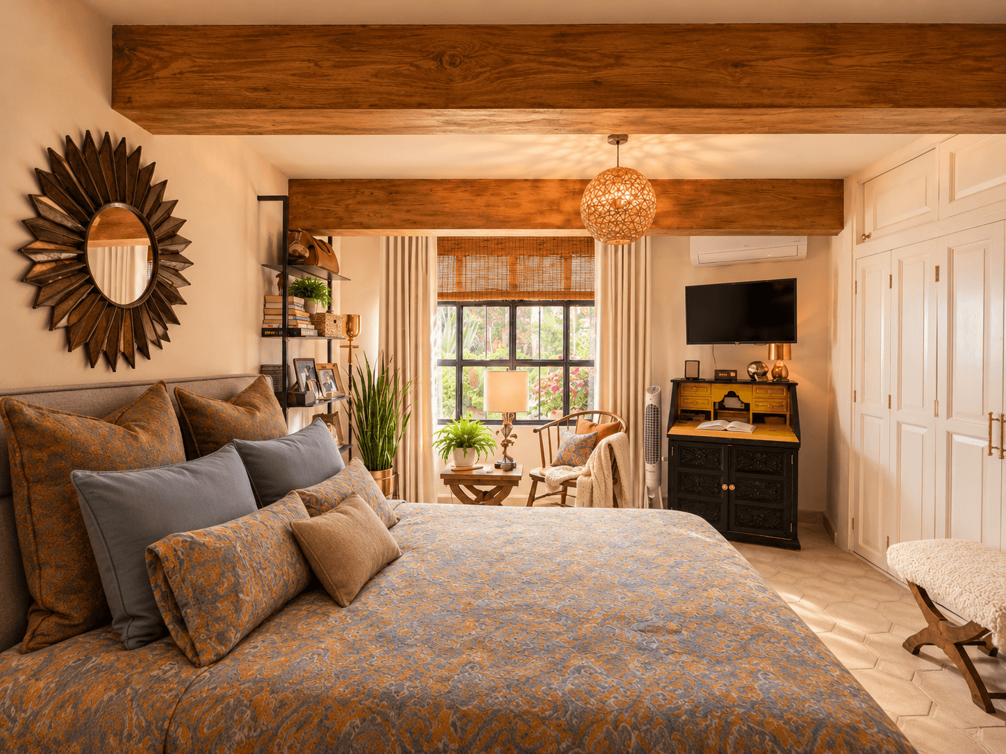 Casa Luna Blanca — San Antonio, San Miguel de Allende — photo 20 — sunlit master suite with rustic beams