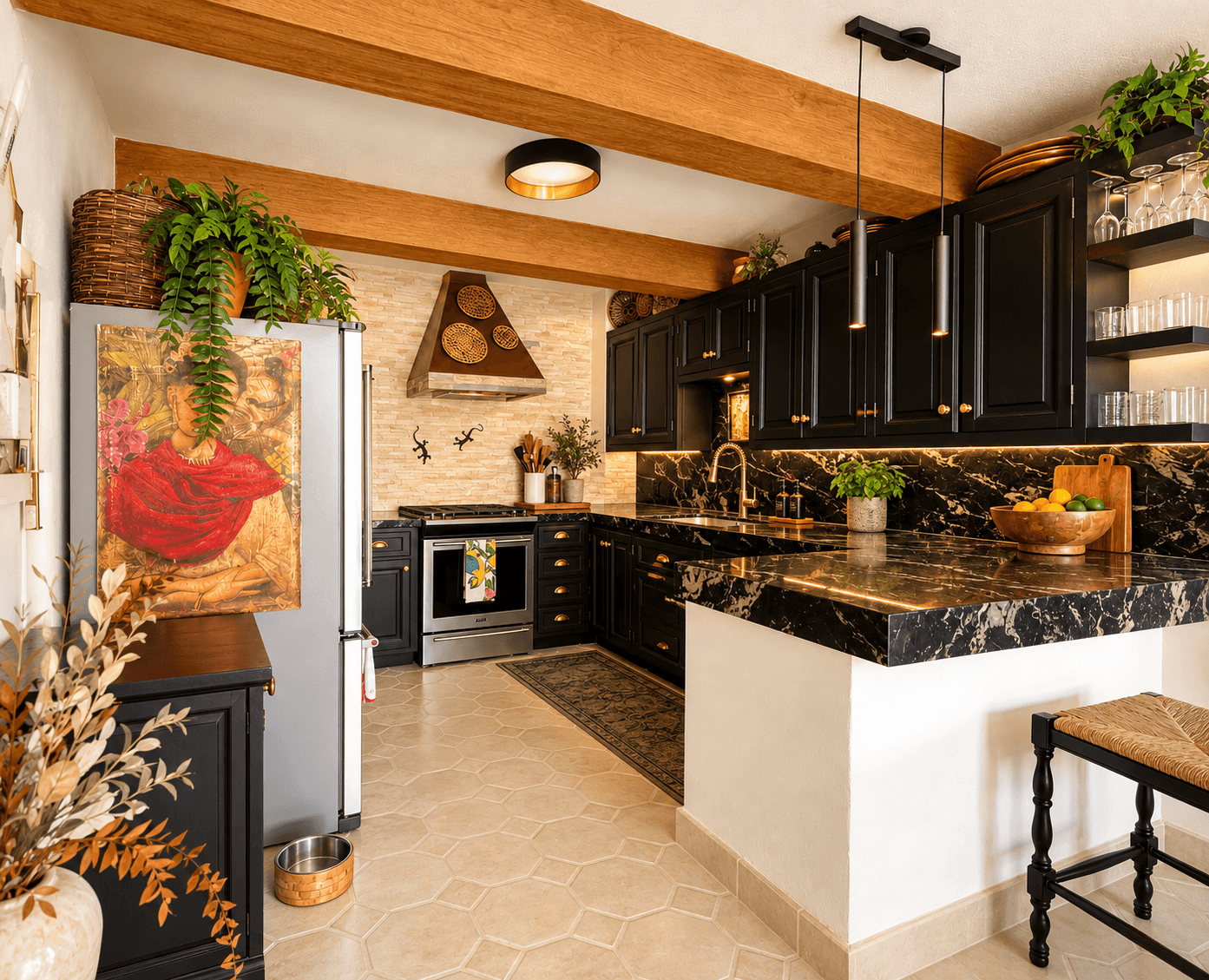 Casa Luna Blanca — San Antonio, San Miguel de Allende — photo 8 — sophisticated ebony kitchen, warm luxury elegance
