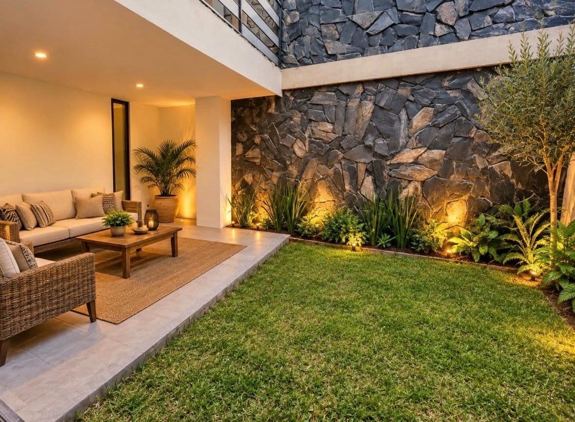 Luna Condominium 19A — La Palmita, San Miguel de Allende — photo 4 — sophisticated courtyard with dramatic stone walls