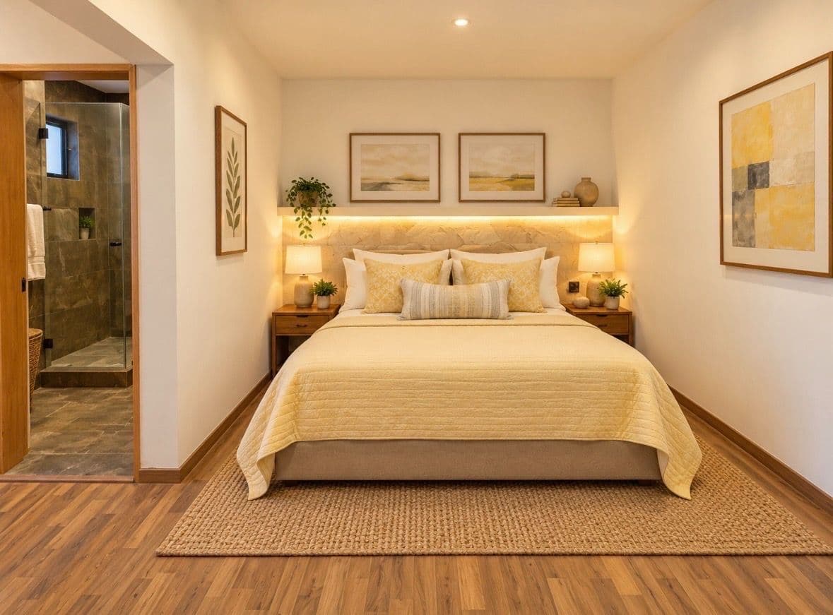 Luna Condominium 19A — La Palmita, San Miguel de Allende — photo 5 — serene primary suite with ambient warmth