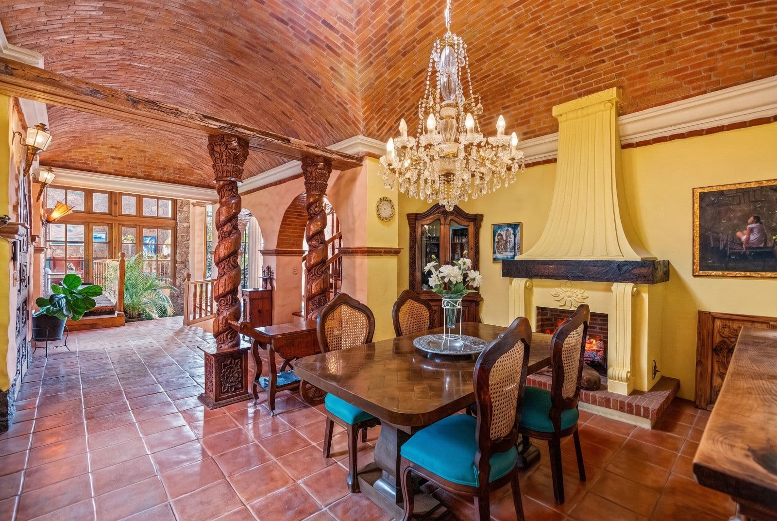 Casa Savia | A Private Garden Sanctuary in Los Frailes — Villa de los Frailes, San Miguel de Allende — photo 10 — elegant colonial dining with soaring wood ceilings