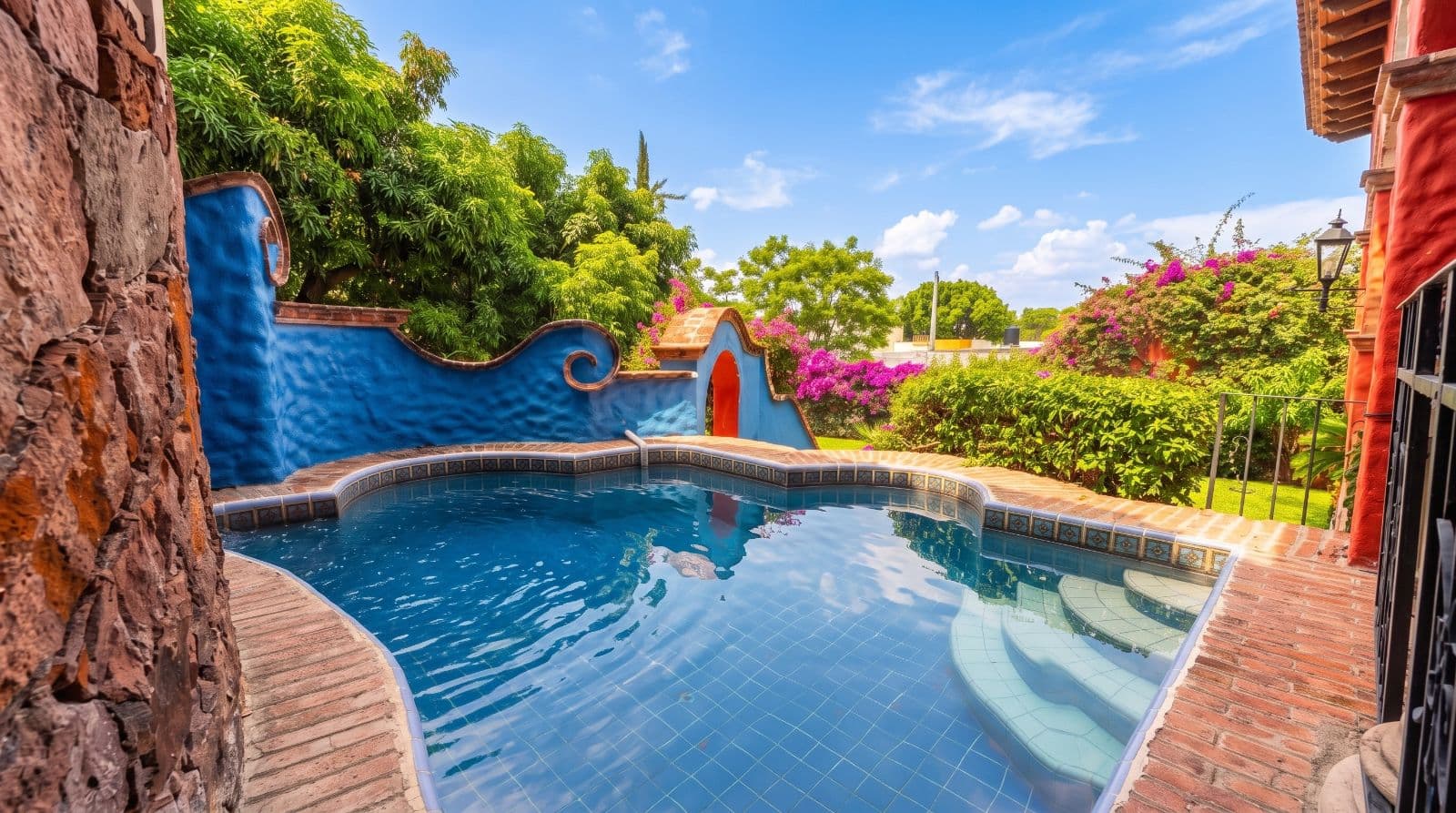 Casa Savia | A Private Garden Sanctuary in Los Frailes — Villa de los Frailes, San Miguel de Allende — photo 17 — enchanting courtyard pool oasis, vibrant bougainvillea