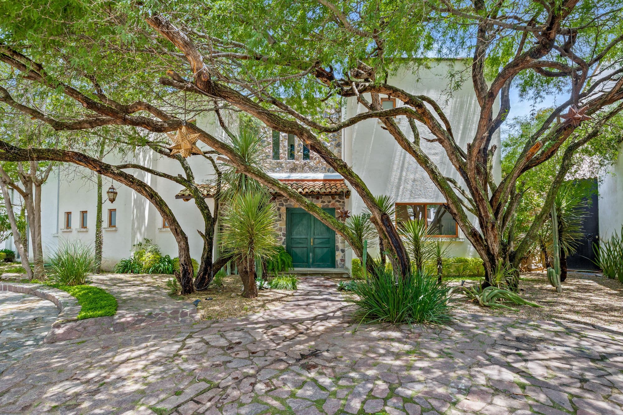 Huizaches Garden — Villa de los Frailes, San Miguel de Allende — photo 3 — majestic tree-lined courtyard entry
