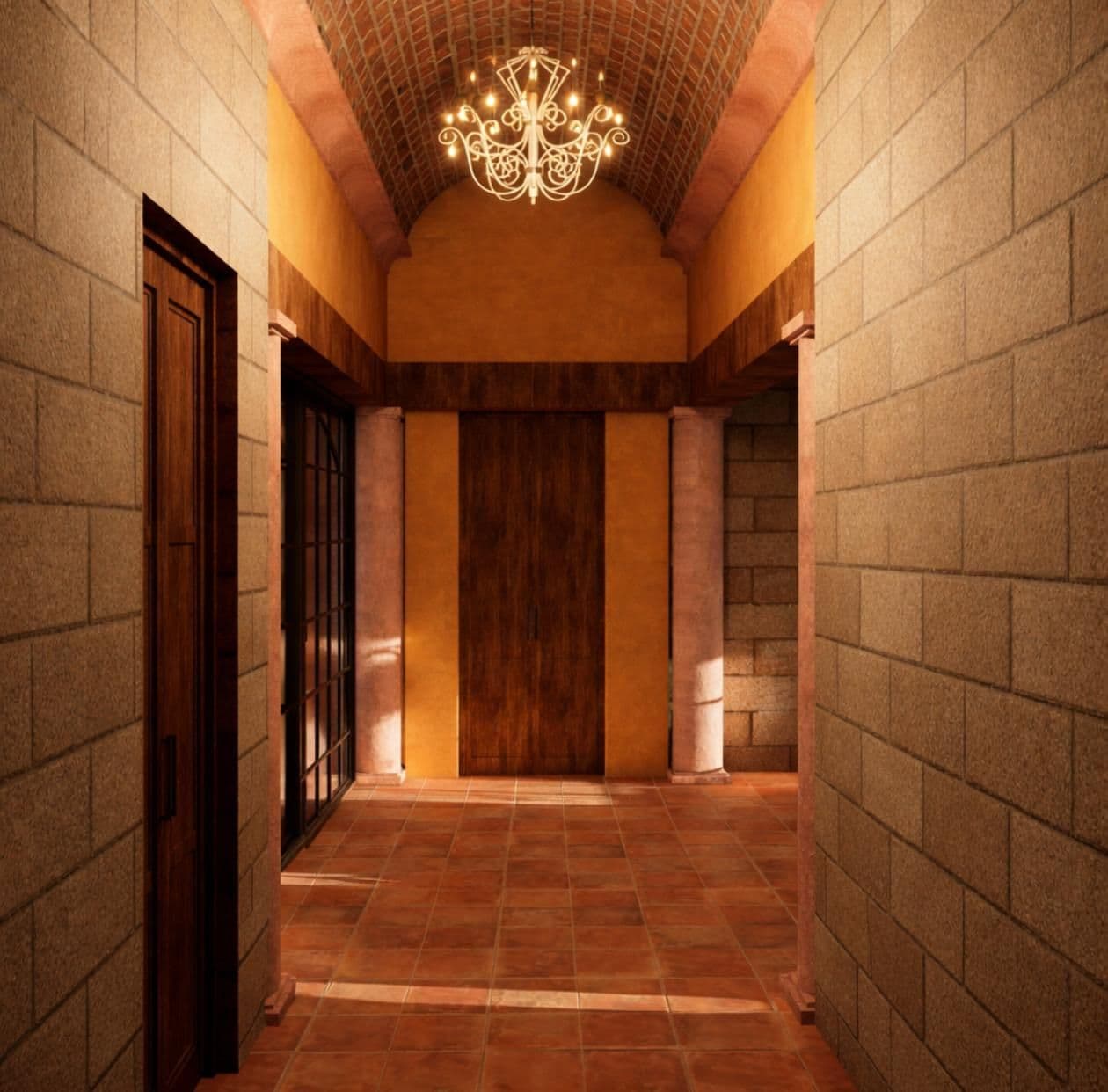 CASA TRES JARDINES — Poblado de Don Diego, San Miguel de Allende — photo 6 — elegant hallway with ornate chandelier