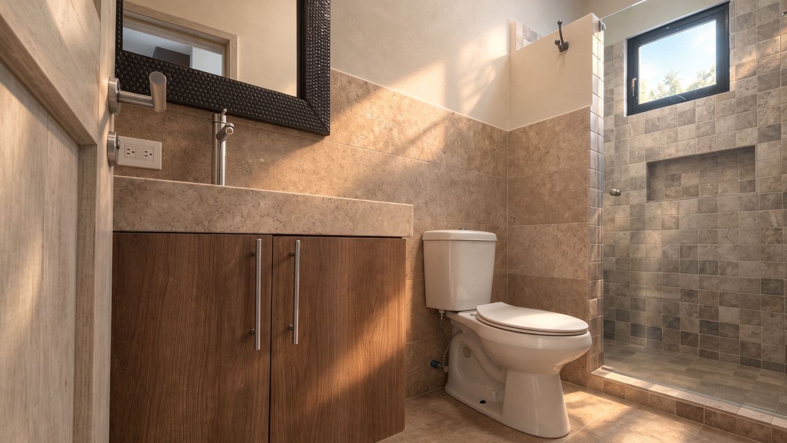 Casa Aura — Antigua Residencial, San Miguel de Allende — photo 11 — spa-inspired ensuite with travertine elegance