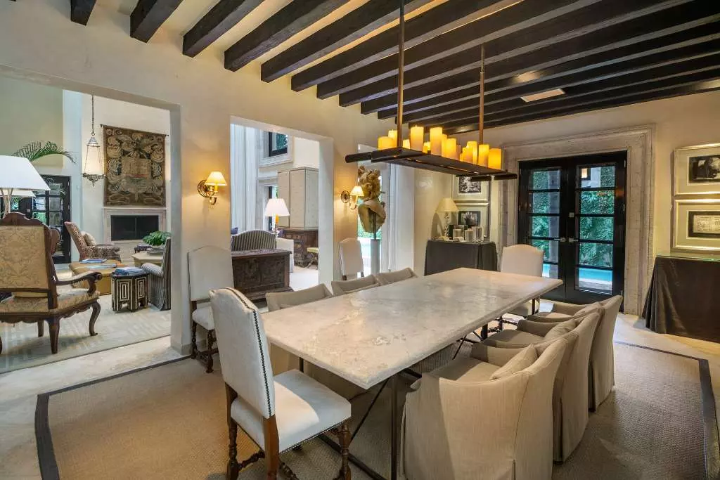 Casa Stream — Centro, San Miguel de Allende — photo 10 — elegant marble dining, soaring beam ceilings