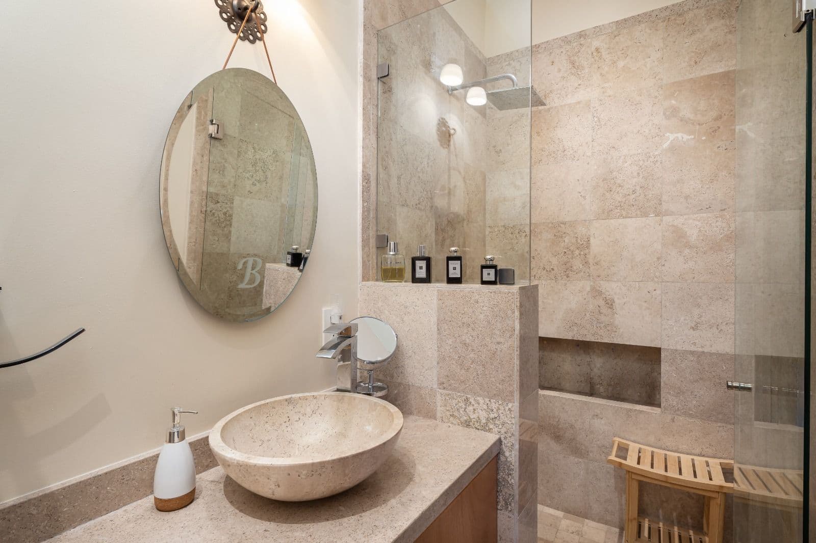 Casa Picaflores — Guadalupe, San Miguel de Allende — photo 16 — spa-inspired travertine bathroom sanctuary