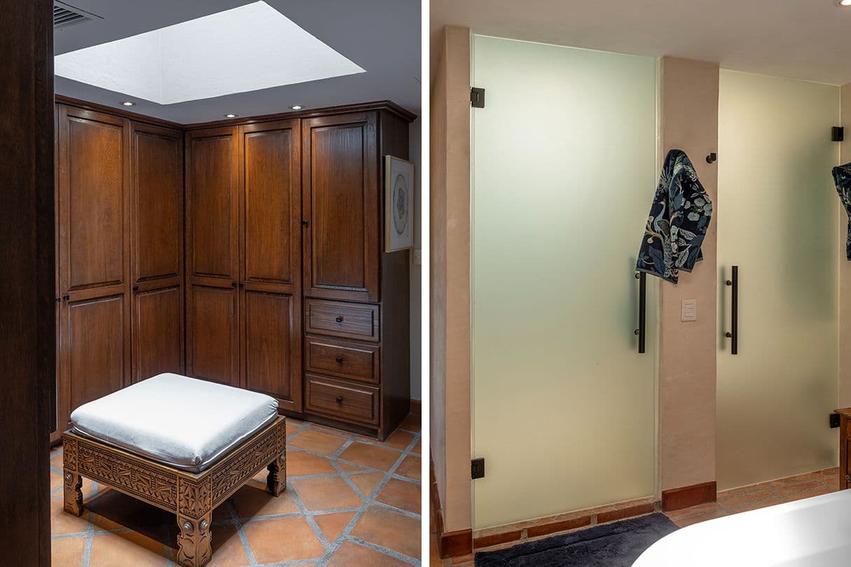 Casa Sol y Luna — Centro, San Miguel de Allende — photo 14 — left photo: elegant walk-in closet, skylit refinement
right photo: spa-inspired shower enclosure, frosted glass